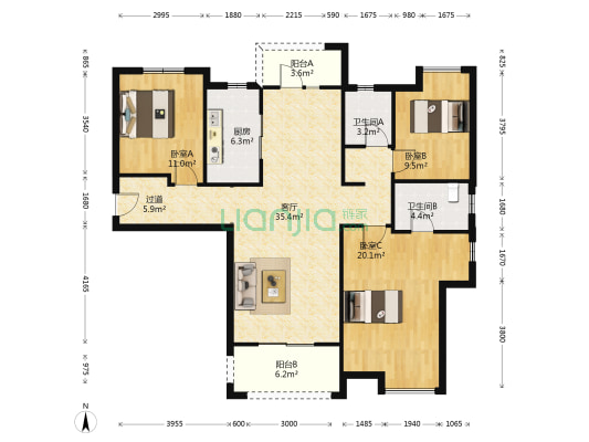 金地中法仟佰汇 3室1厅2卫 128平方