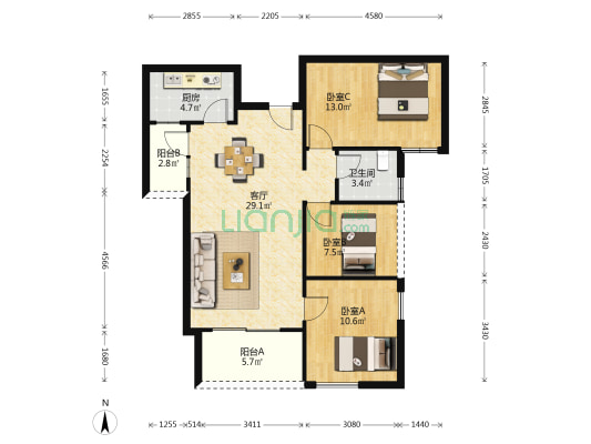 联诚现代城 3室1厅1卫 94平方