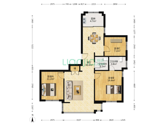 龙鼎大厦 3室1厅2卫 118平方