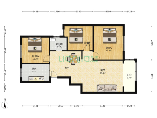 苏北大市场商住楼 3室1厅1卫 116平方