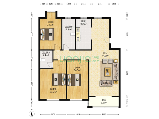 碧水佳园 3室1厅2卫 133平方
