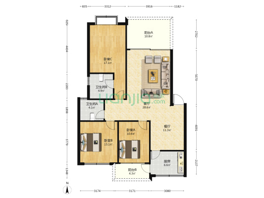 黄桷逸景 3室2厅2卫 124平方
