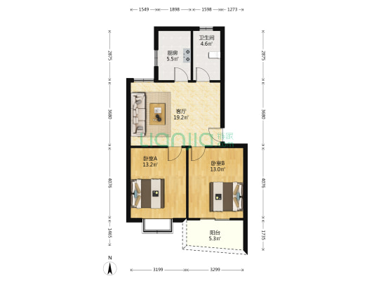 富马庄园 2室1厅1卫 73平方