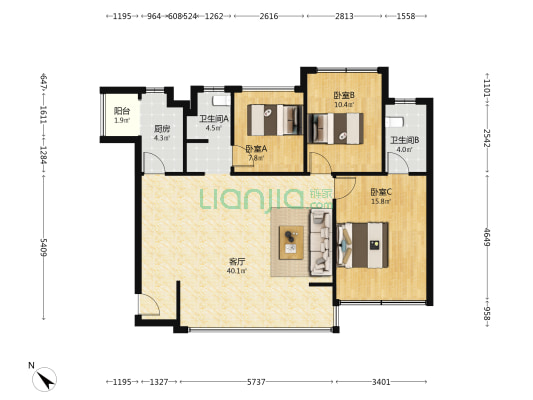 保利北新时区花园时区里 3室1厅2卫 117平方