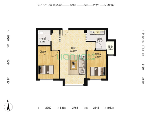 航天翼城 2室1厅1卫 77平方