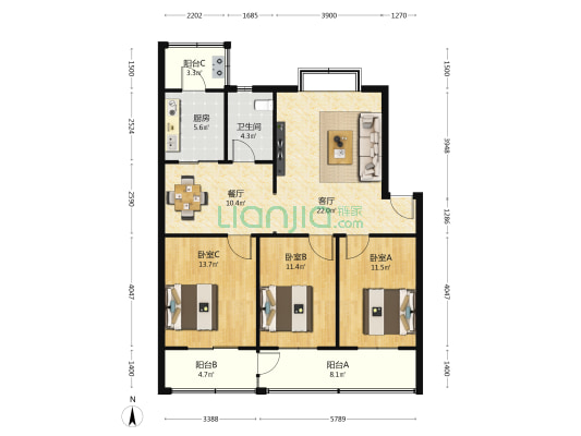 彩虹西里 3室2厅1卫 107平方