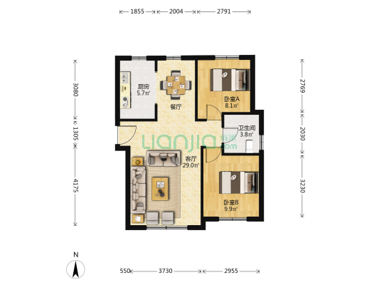 瑞铭园二区 2室1厅1卫 90平方