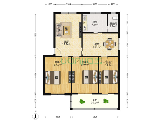 广场南路外贸宿舍 3室2厅1卫 110平方