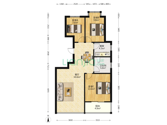 明珠新城二区 3室1厅1卫 87平方