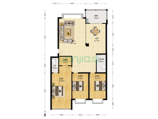 东海山庄 3室2厅2卫 154平方