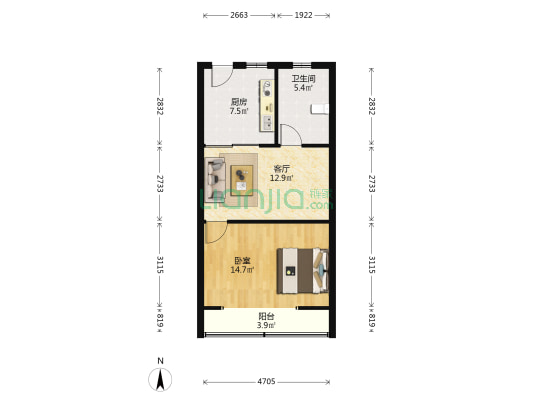 长宁路1455号 1室1厅1卫 60平方