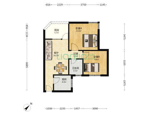 恒美花园 2室1厅1卫 68平方