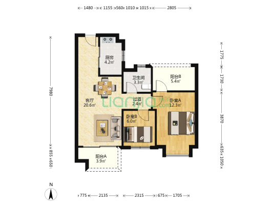 听涛苑 2室1厅1卫 79平方