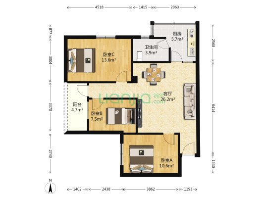 景山花园一期 3室1厅1卫 77平方