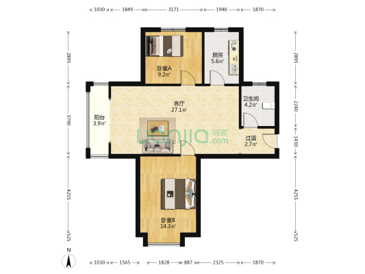 新合国际 2室1厅1卫 94平方