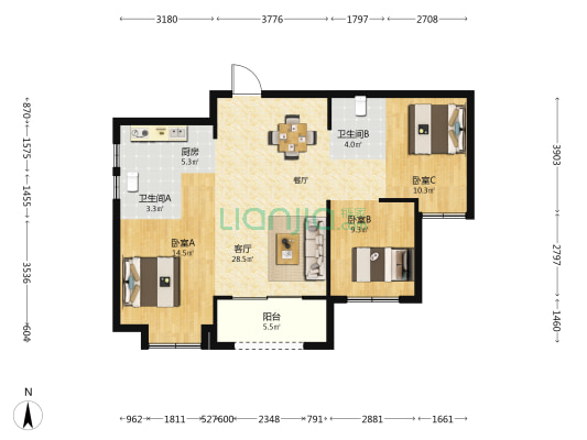 顺华乌龙江大区B区 3室1厅2卫 105平方