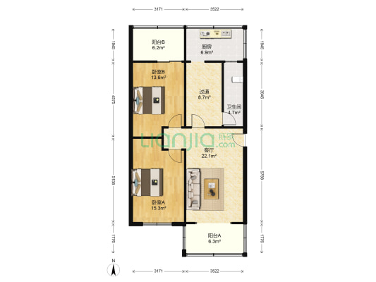 华圣苑 2室1厅1卫 89平方