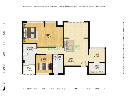 向西雍睦豪庭 2室1厅2卫 91平方