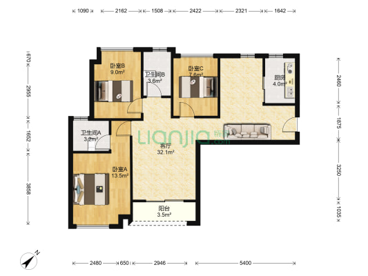 天麟时代广场 3室1厅2卫 97平方