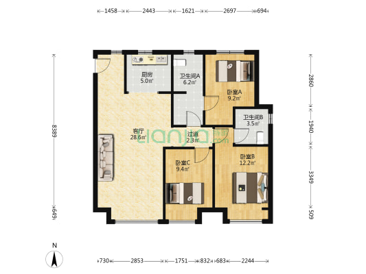 保利锦上 3室1厅2卫 104平方