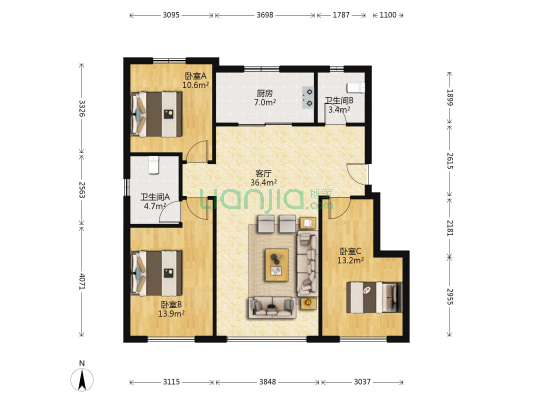 美的时代城 3室1厅2卫 100平方