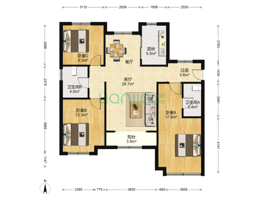 万海华府北苑 3室1厅2卫 131平方