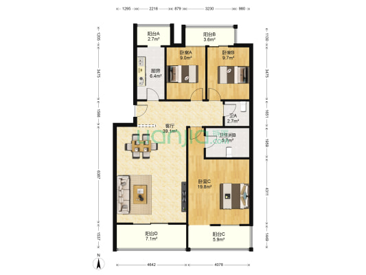 紫薇田园都市H区 3室1厅2卫 127平方
