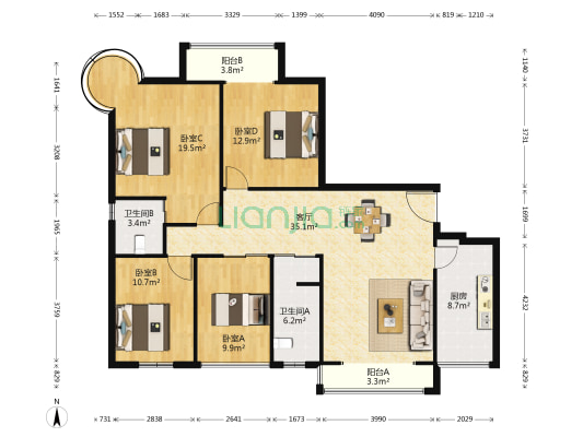 中森华国际城 4室1厅2卫 142平方