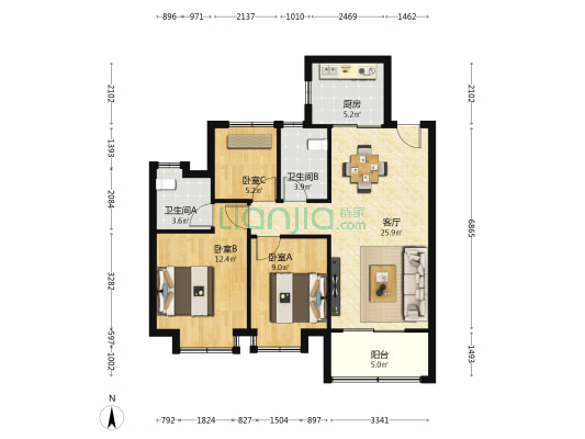 联发云启雅庭 3室1厅2卫 97平方