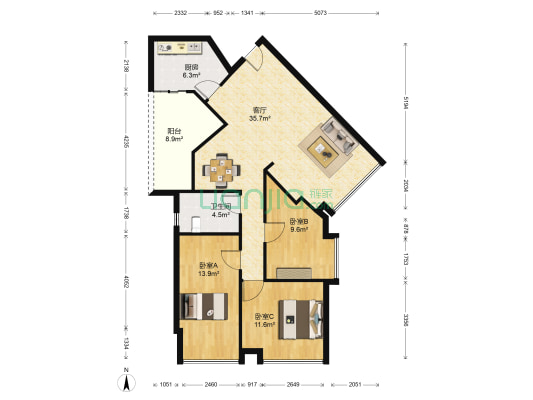 南海中心 3室1厅1卫 106平方