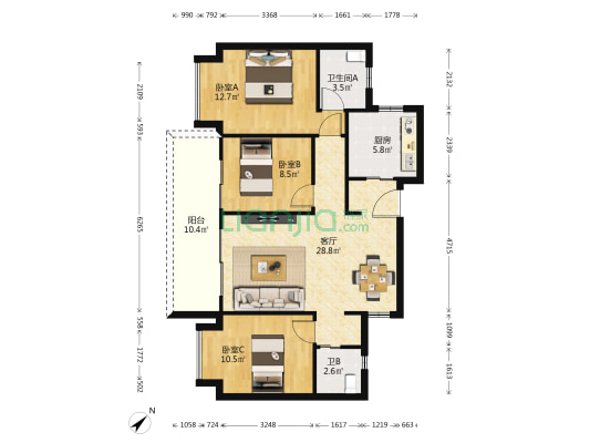 金地融信御琴峯 3室1厅2卫 108平方