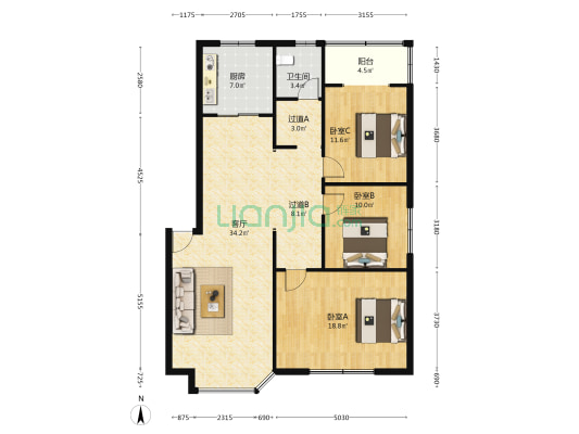 富源苑 3室1厅1卫 124平方