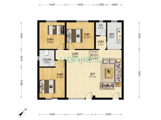 新马路91号院 3室1厅2卫 126平方