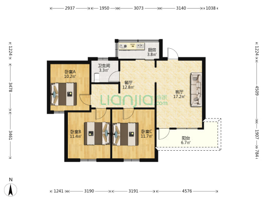南香里小区 3室2厅1卫 87平方