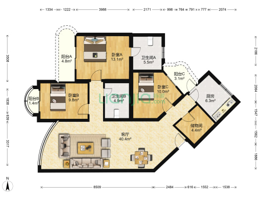 罗马花园 3室1厅2卫 164平方