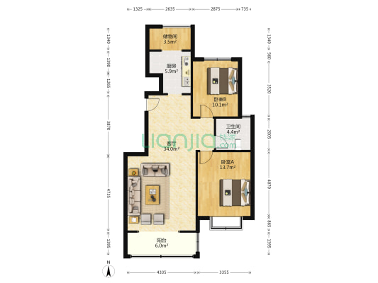 中航瑞祥花园 2室1厅1卫 106平方
