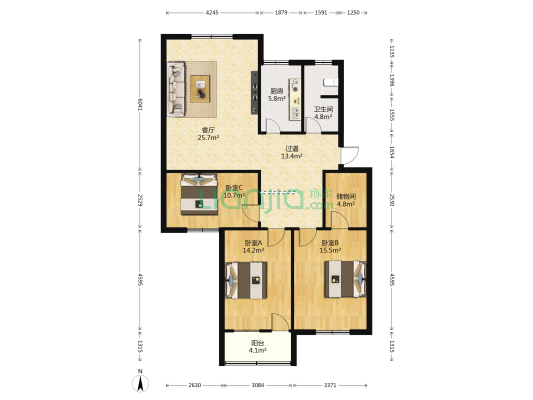荷花池花园小区 3室1厅1卫 121平方