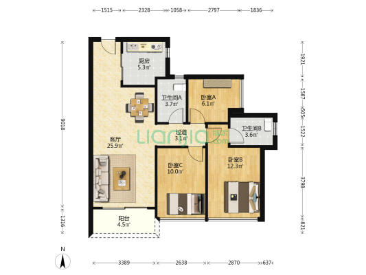 中海观园 3室1厅2卫 96平方