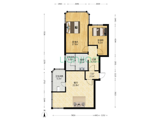 同福小区 2室1厅2卫 95平方