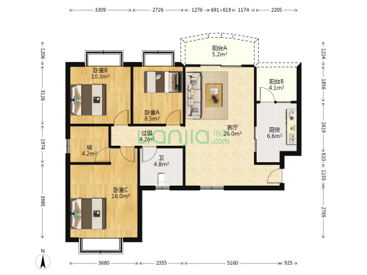 壹公馆 3室1厅1卫 113平方
