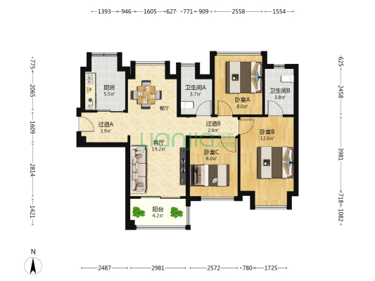 建发悦府 3室1厅2卫 97平方