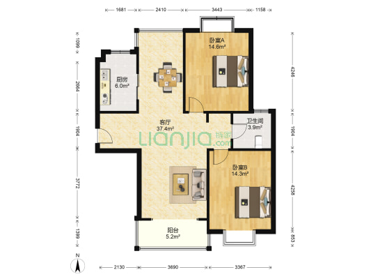 现代逸居 2室1厅1卫 108平方