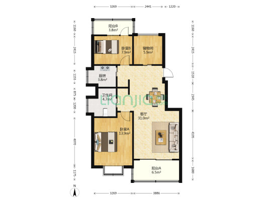 尚城国际花园 2室1厅1卫 96平方