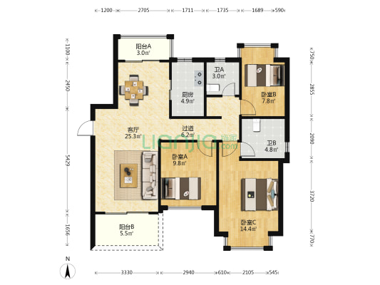 观山府 3室1厅2卫 112平方