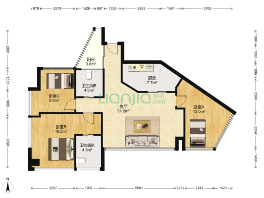 十五峯花园二期 3室1厅2卫 87平方