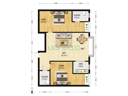 天竹综合大厦 2室1厅2卫 111平方
