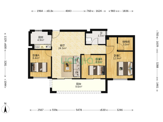 德信湖畔雅苑 3室1厅1卫 89平方