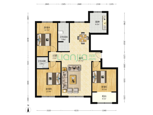 亿诚尚品苑 3室1厅2卫 138平方