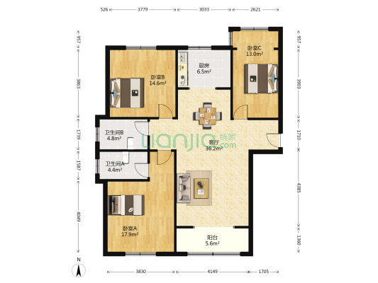 曲屯家苑东区 3室1厅2卫 142平方