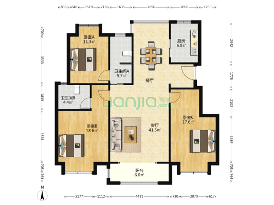 海棠文苑 3室1厅2卫 133平方